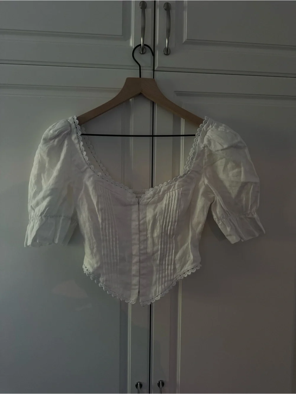 Reformation White Lace-Trim Puff Sleeve Corset Blouse
